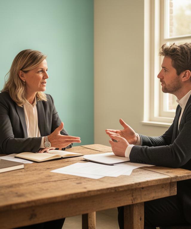 Bedrijfsadviseur in gesprek met een ondernemer aan een houten tafel in Lochem