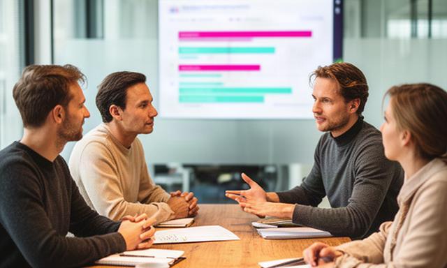 Nederlands scale-upteam in overleg aan een houten tafel met een KPI-scherm op de achtergrond